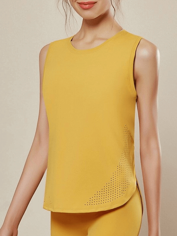 Women's loose mesh breathable sleeveless yoga top in yellow, perfect for ultimate comfort and freedom of movement during workouts.